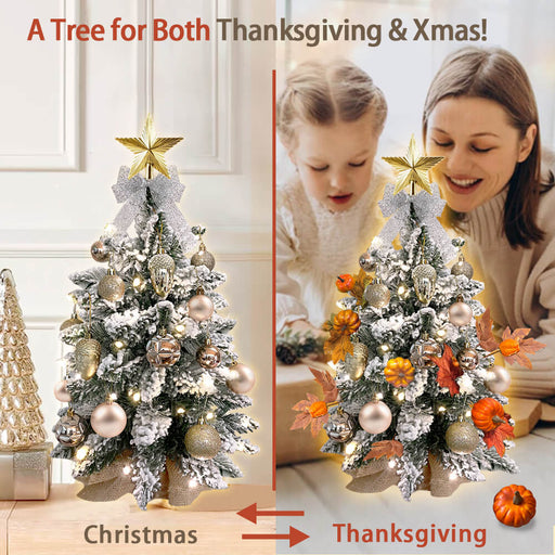 2ft Tabletop Christmas Tree With Light Artificial Small Mini Thanksgiving Decoration With Flocked Snow, Christmas Decor & Xmas Ornaments For Table Top For Home & Office