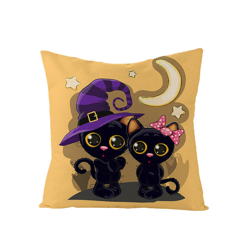 Halloween Linen Cute Cartoon Printed Kitten Pumpkin Head Pillow Cover