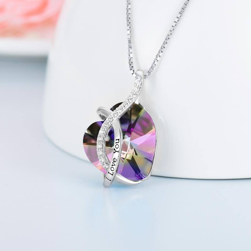 Sterling Silver Blue Purple Heart Pendant Necklace Embellished With Crystals From Austria Fine Anniversary Birthday Jewelry Gifts For Women