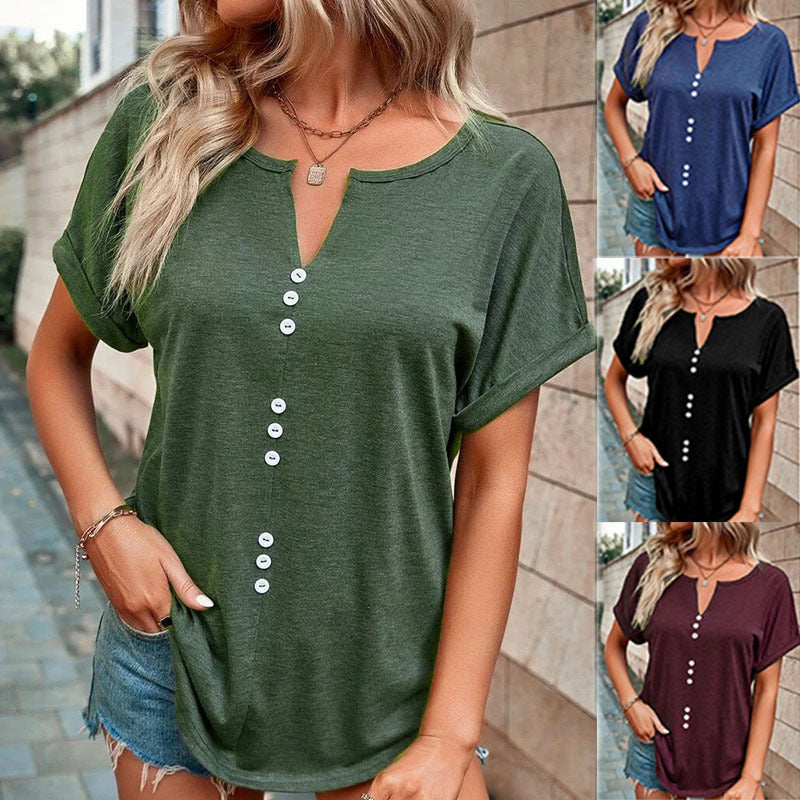 V-neck Short Sleeve Tops Shirt Summer Button Design Blouse