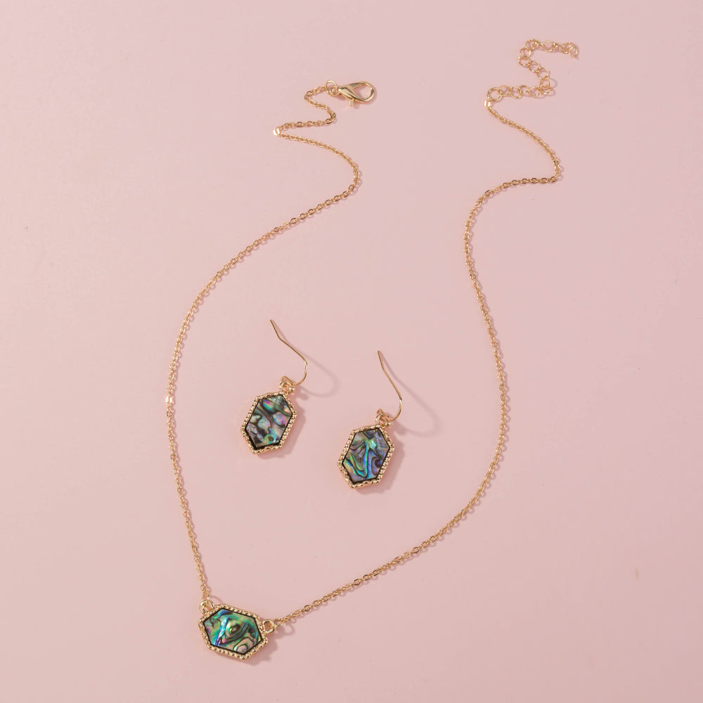 Diamond-shaped natural abalone shell necklace earrings set