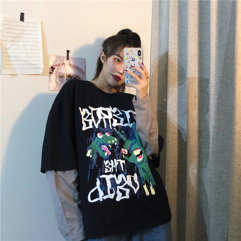 Spring sports fake two-piece hedging cartoon T-shirt women loose