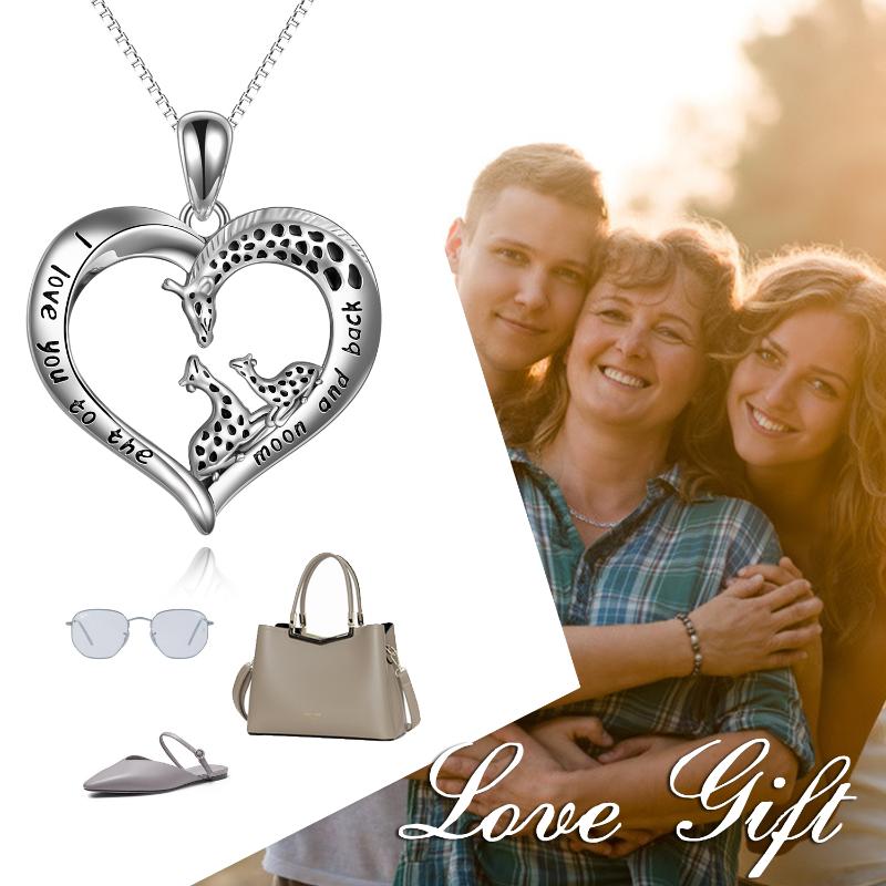 Giraffe Family Love Heart Necklace Jewelry Gifts for Women Sterling Silver