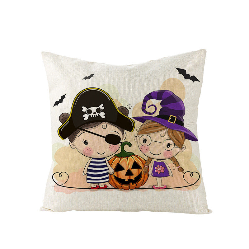 Halloween Linen Cute Cartoon Printed Kitten Pumpkin Head Pillow Cover