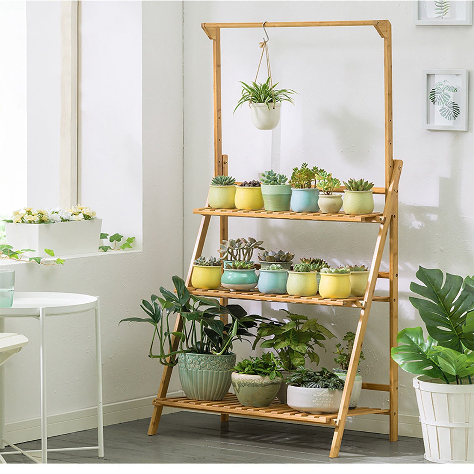 Bamboo Hanging Plant Stand Planter Shelves Flower Pot Organizer Storage Rack