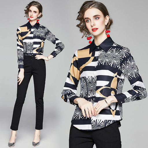 Women's Printed Slim Long-sleeved Versatile Lapel Shirt