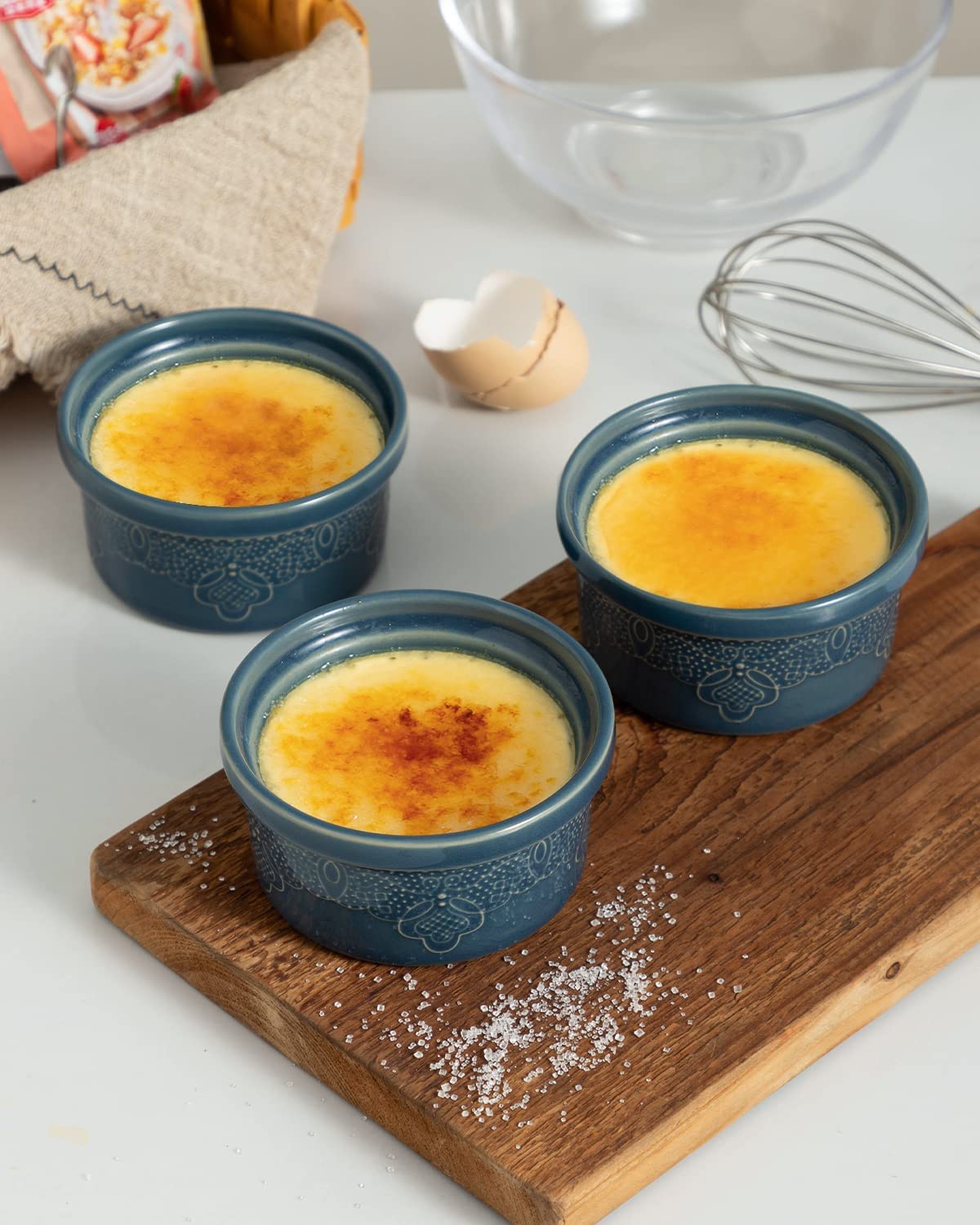 FE Ramekins, Lace Emboss Ramekin 8 Oz Oven Safe, Creme Brulee Set Of 6, Ceramic Souffle Dish For Baking Dessert And Cake