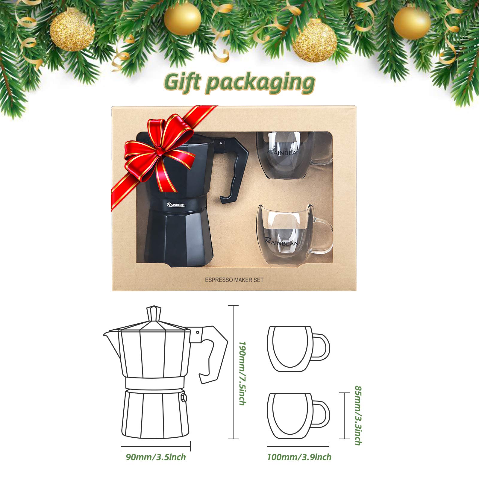 Stovetop Espresso Maker Espresso Cup Moka Pot Classic Cafe Maker Percolator Coffee Maker Italian Espresso for Gas or Electric Aluminum Black Gift package with 2 cups Amazon Platform Banned