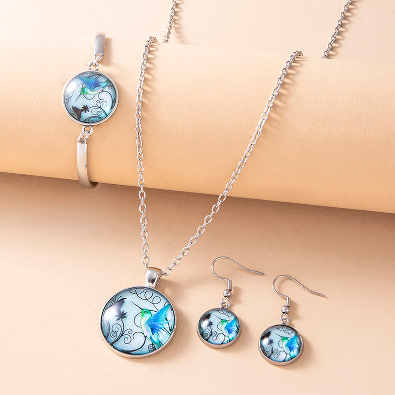 Vintage Blue Hummingbird Jewelry Set Handmade Animal Picture Glass Necklace Bracelet Earrings For Women