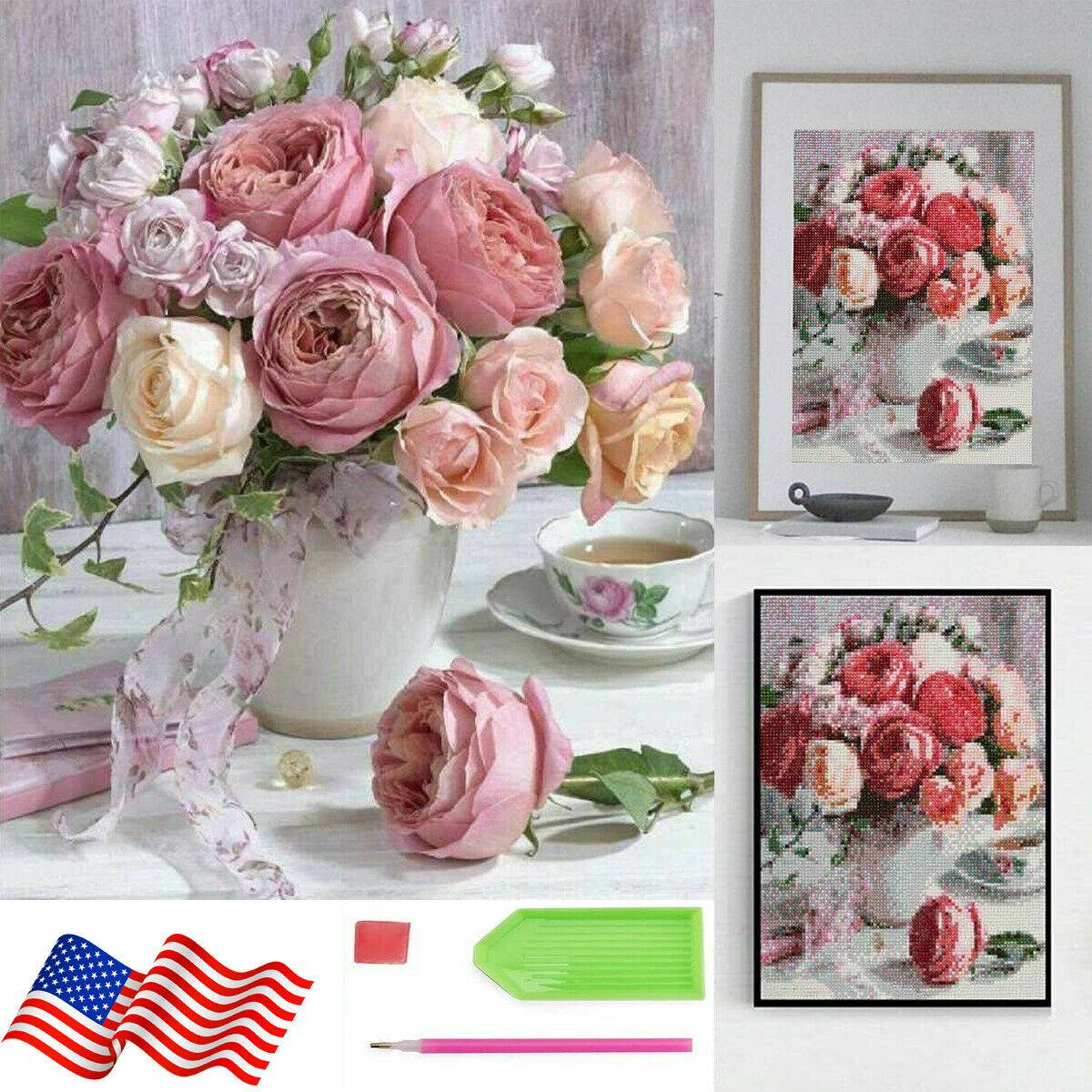 5D Diamond Painting Rose Flowers Cross Stitch Rhinestone DIY Art Decor 12x16in