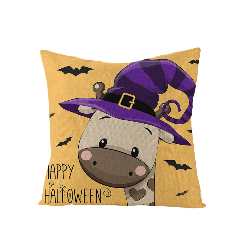 Halloween Linen Cute Cartoon Printed Kitten Pumpkin Head Pillow Cover