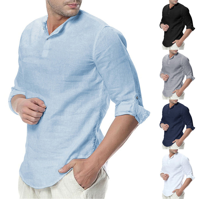 New Men's Summer Long Sleeve Cotton Linen Long Sleeve Shirts