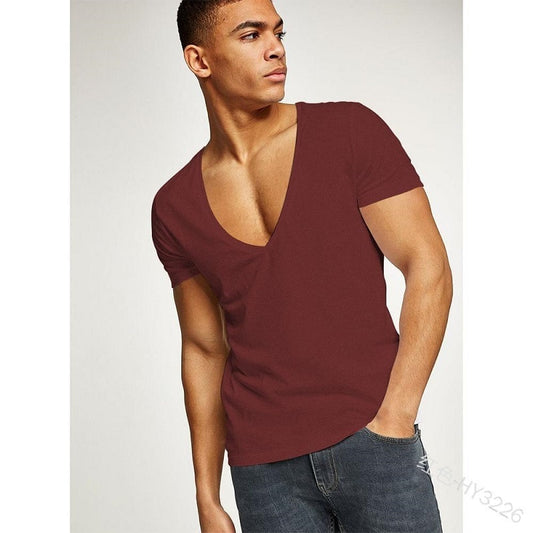 Wepbel Deep V Short Sleeve T-shirt Men's Sports Large V-neck Slim Tight T-shirt Solid Color Plus Size Tops Summer Men Tops