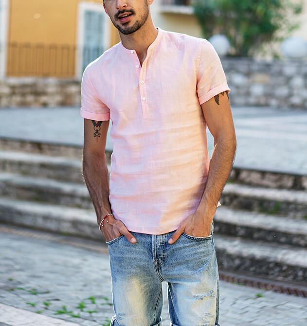 Summer Short sleeved Shirts Men 100% Linen White Solid Color Slim Fit Plus Size Collarless Tops