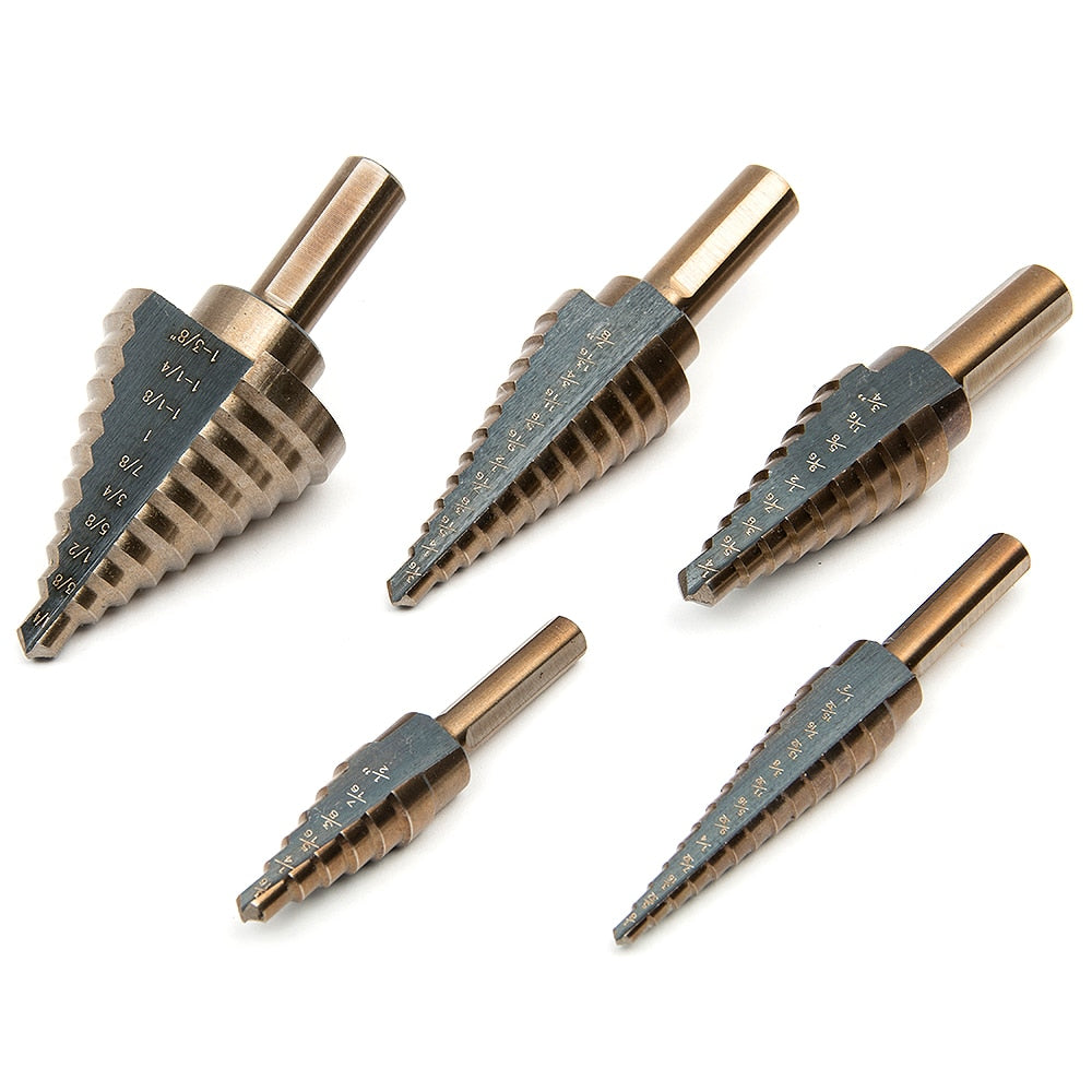 5Pcs Large Cobalt Step Drill HSS Step Titanium Core Drill Multiple Hole Cutter Drill Bit Set Tool with Case