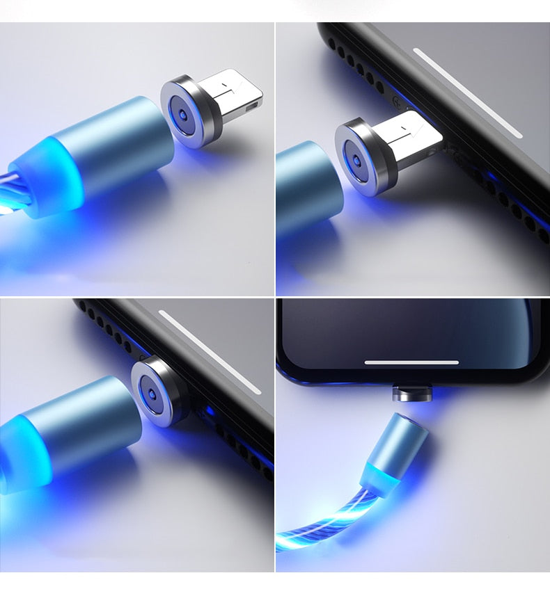 1m Magnetic charging Mobile Phone Cable USB Type C Flow Luminous Lighting Data Wire for Samsung Huawei LED Micro Kable