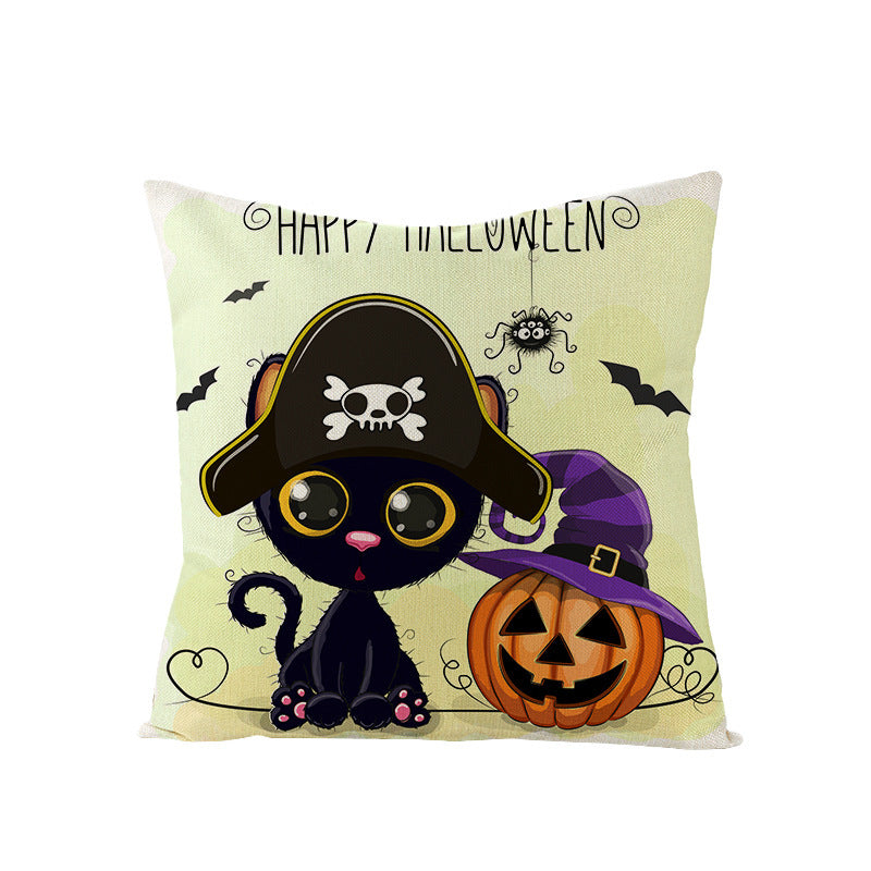 Halloween Linen Cute Cartoon Printed Kitten Pumpkin Head Pillow Cover