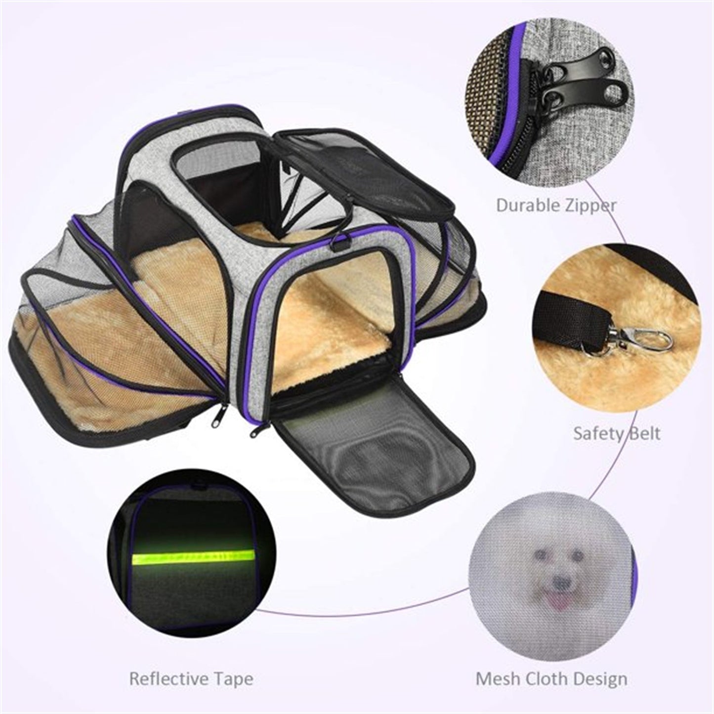 Pet Travel Bag Safe Airline Approved Expandable Foldable Soft-Sided Dog Carrier 3 Open Doors 2 Reflective Tapes