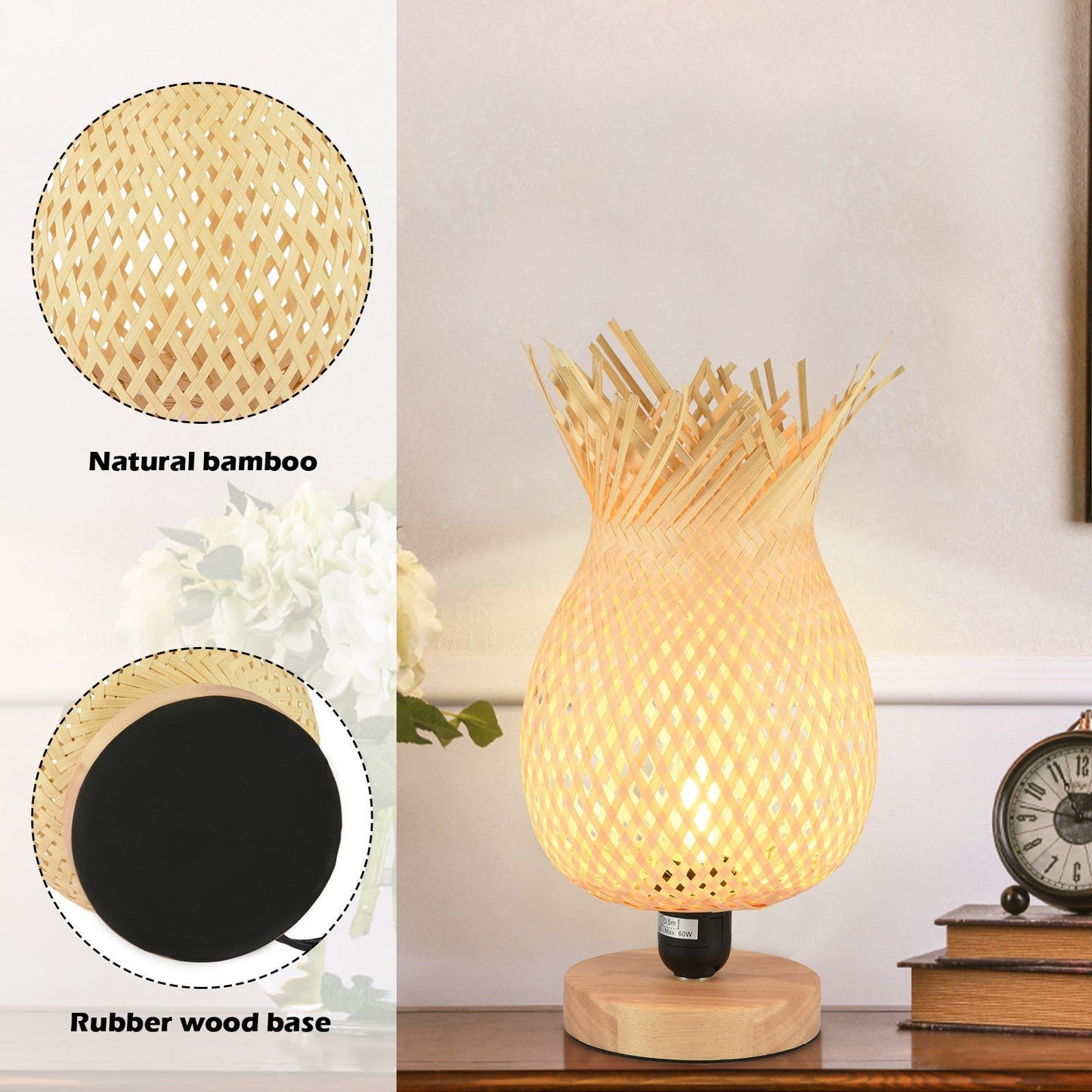 European Style Rubber Wood Table Lamp Bamboo Woven Hotel Bedside Table Lamp