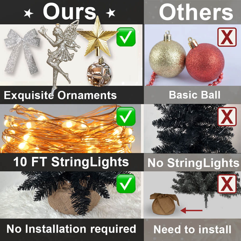 2ft Black Mini Christmas Tree With Light Artificial Small Tabletop Christmas Decoration, Exquisite Decor & Xmas Ornaments For Table Top For Home & Office