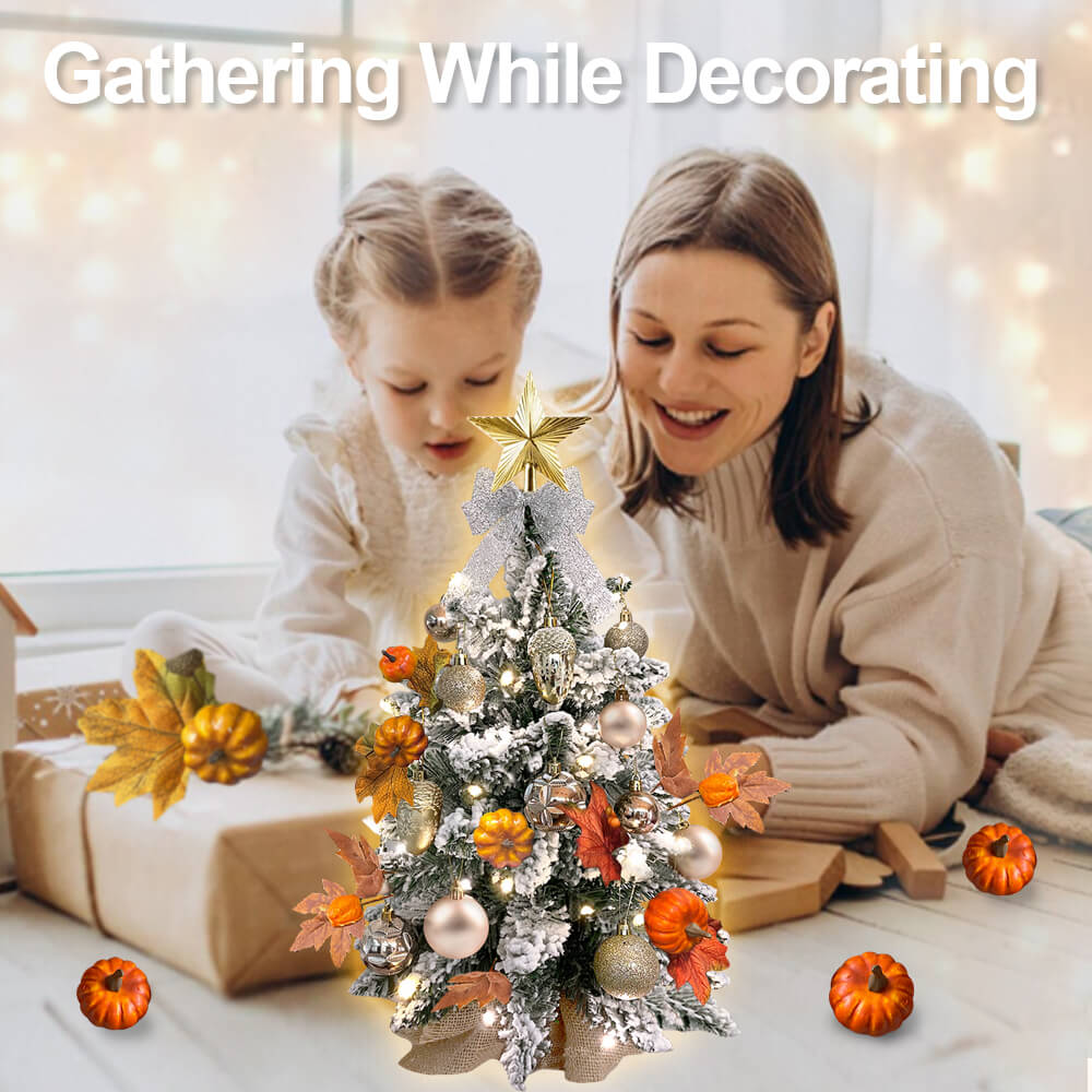 2ft Tabletop Christmas Tree With Light Artificial Small Mini Thanksgiving Decoration With Flocked Snow, Christmas Decor & Xmas Ornaments For Table Top For Home & Office