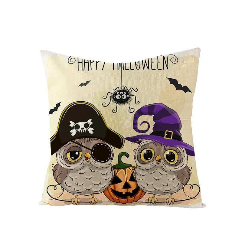 Halloween Linen Cute Cartoon Printed Kitten Pumpkin Head Pillow Cover