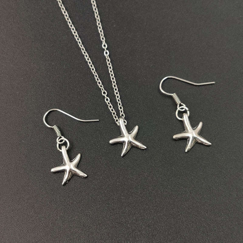 Cute Little Starfish Pendant Necklace Earrings For Women Girls Fashion Silver Sea Star Pentagram Charms Jewelry Set