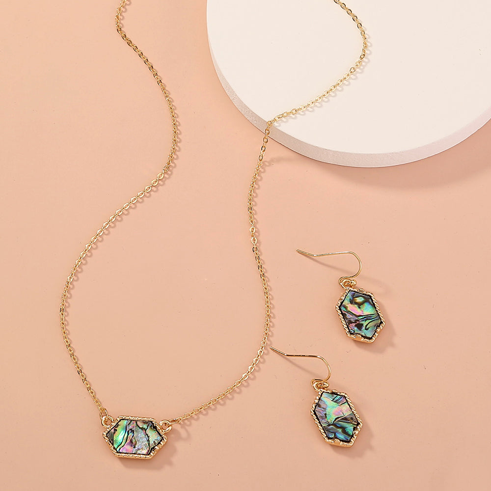 Diamond-shaped natural abalone shell necklace earrings set