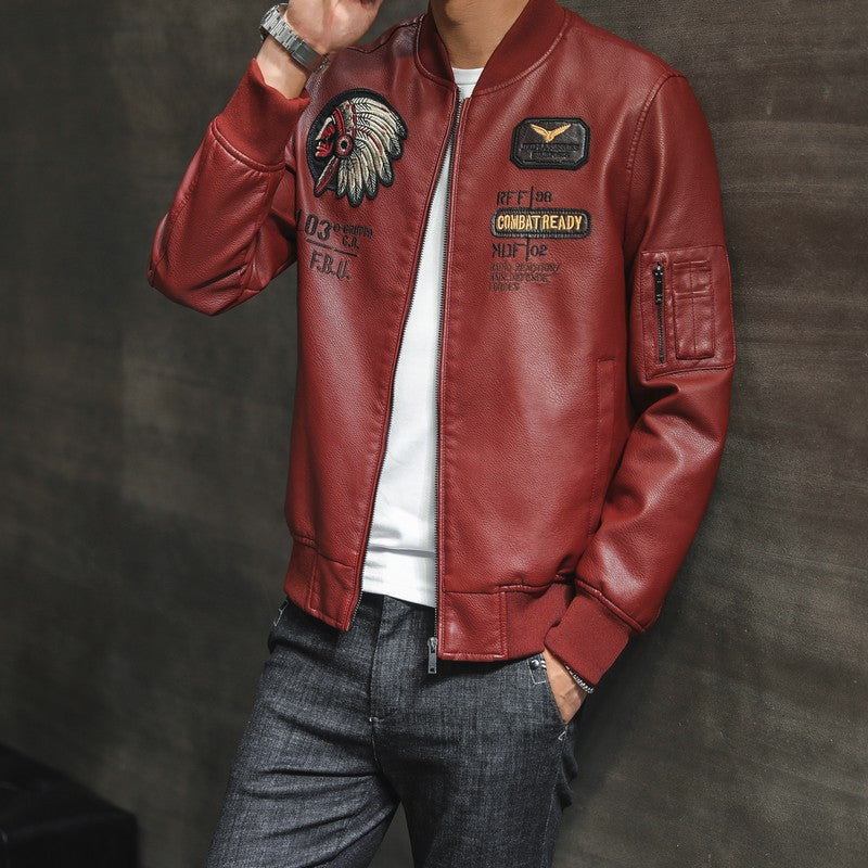 Men's PU Leather Baseball Collar Embroidered Motorcycle Jacket