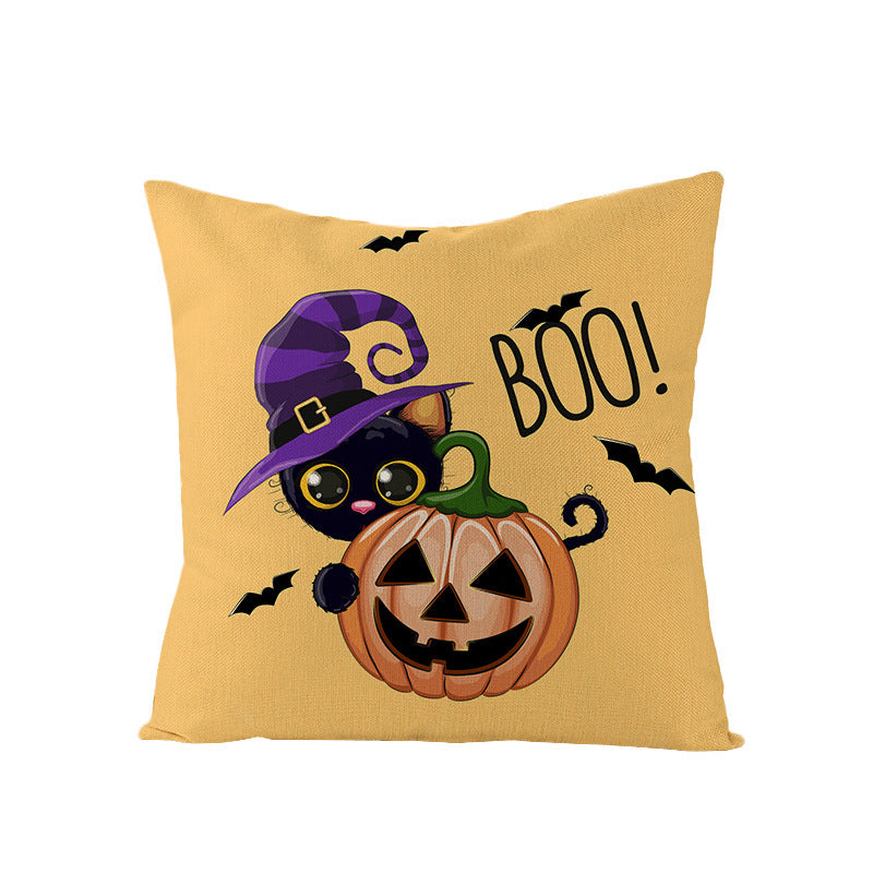 Halloween Linen Cute Cartoon Printed Kitten Pumpkin Head Pillow Cover