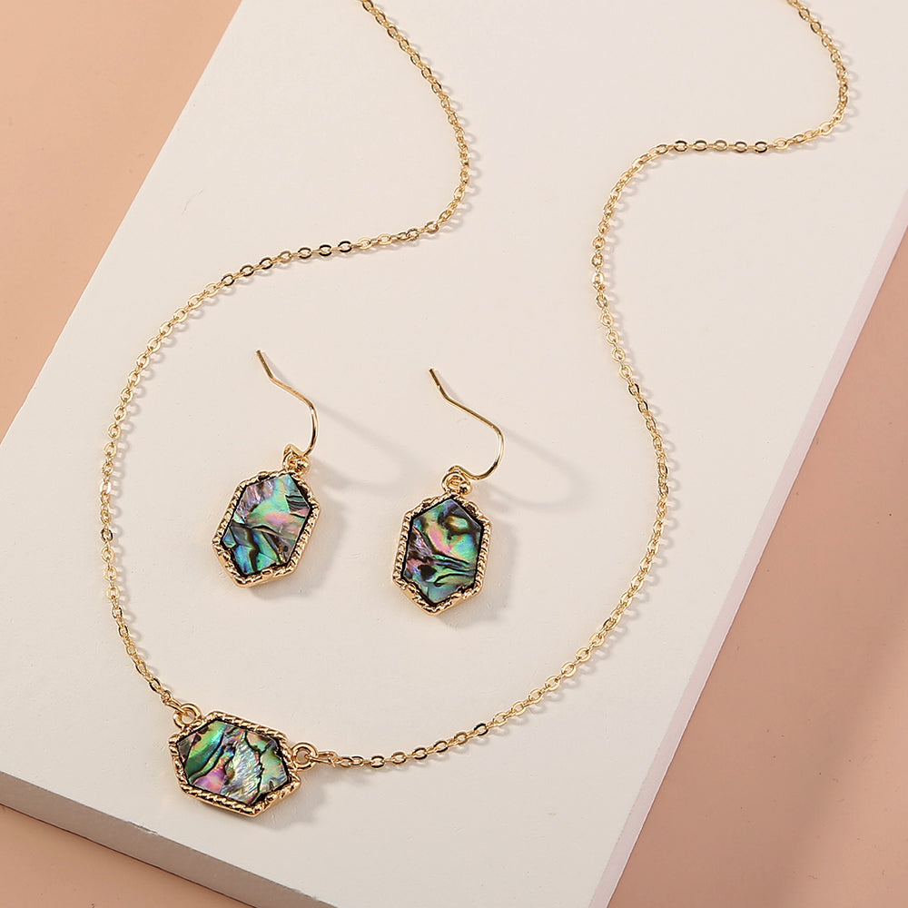 Diamond-shaped natural abalone shell necklace earrings set