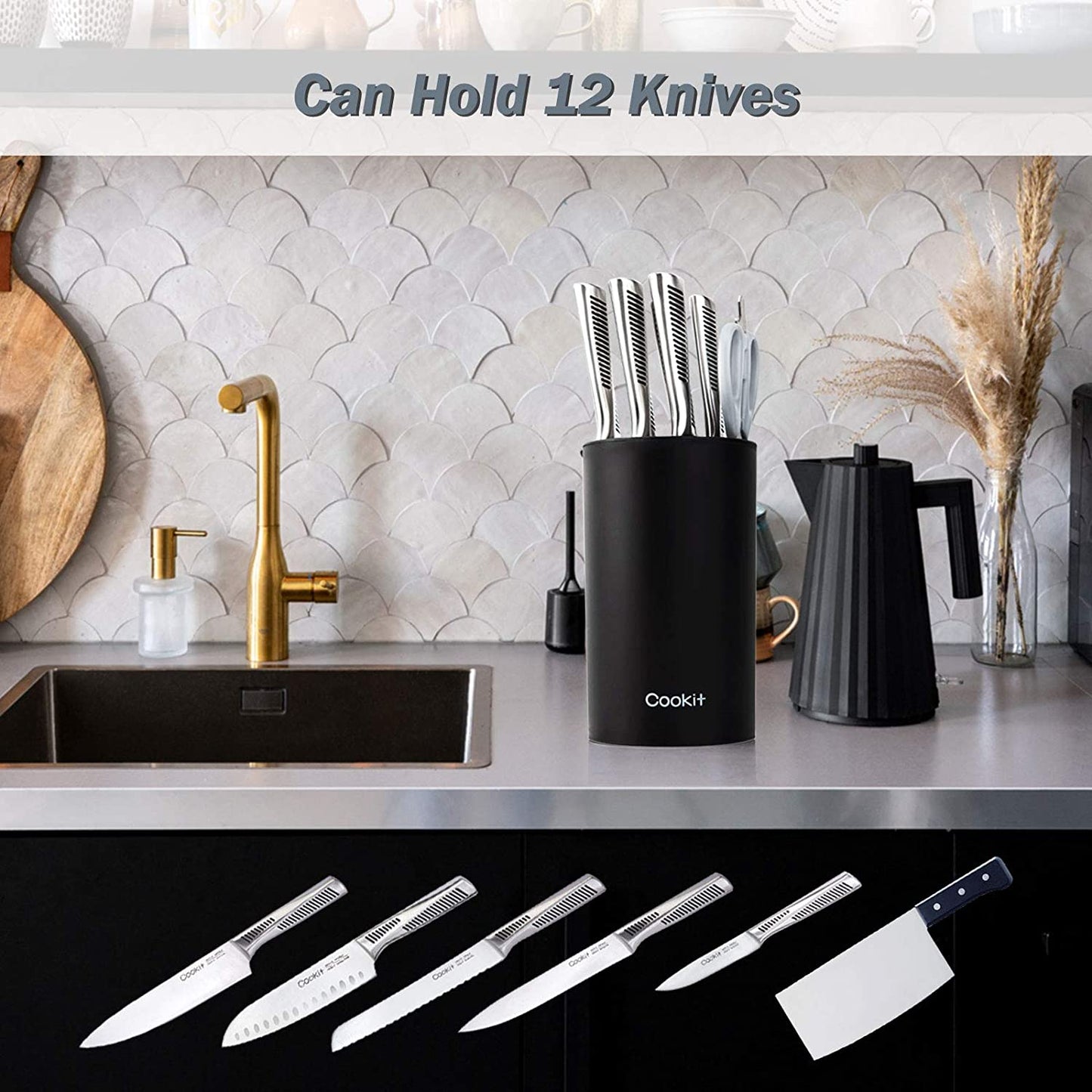 Knife Block Holder, Universal Knife Block without Knives, Unique Double-Layer Wavy Design, Round Black Knife Holder for Kitchen, Space Saver Knife Storage with Scissors Slot Amazon Platform B