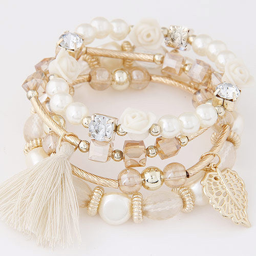 Fashion Trend Crystal Beads Pearl Leaf Fringe Bracelet