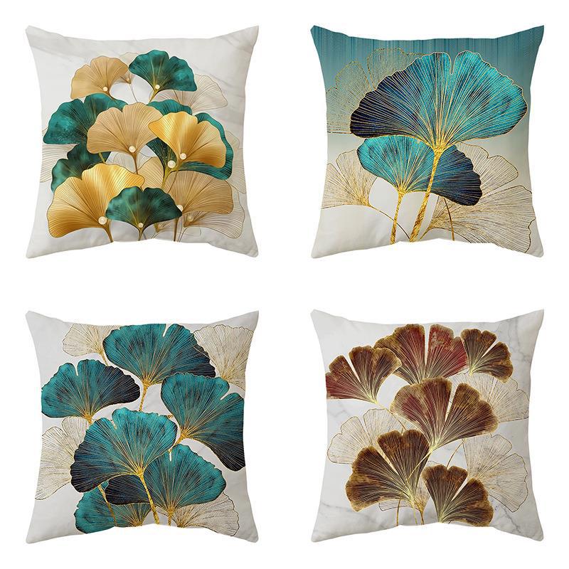 Green Gold Ginkgo Leaf Printed Pillow Cover