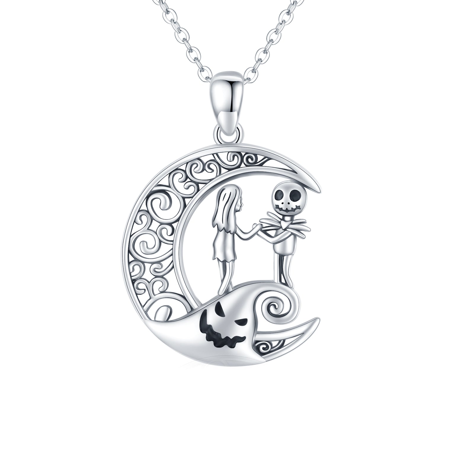 Nightmare Before Christmas Necklace 925 Sterling Silver Hypoallergenic Jack And Sally Celtic Crescent Moon Pendant Necklace For Women Girls