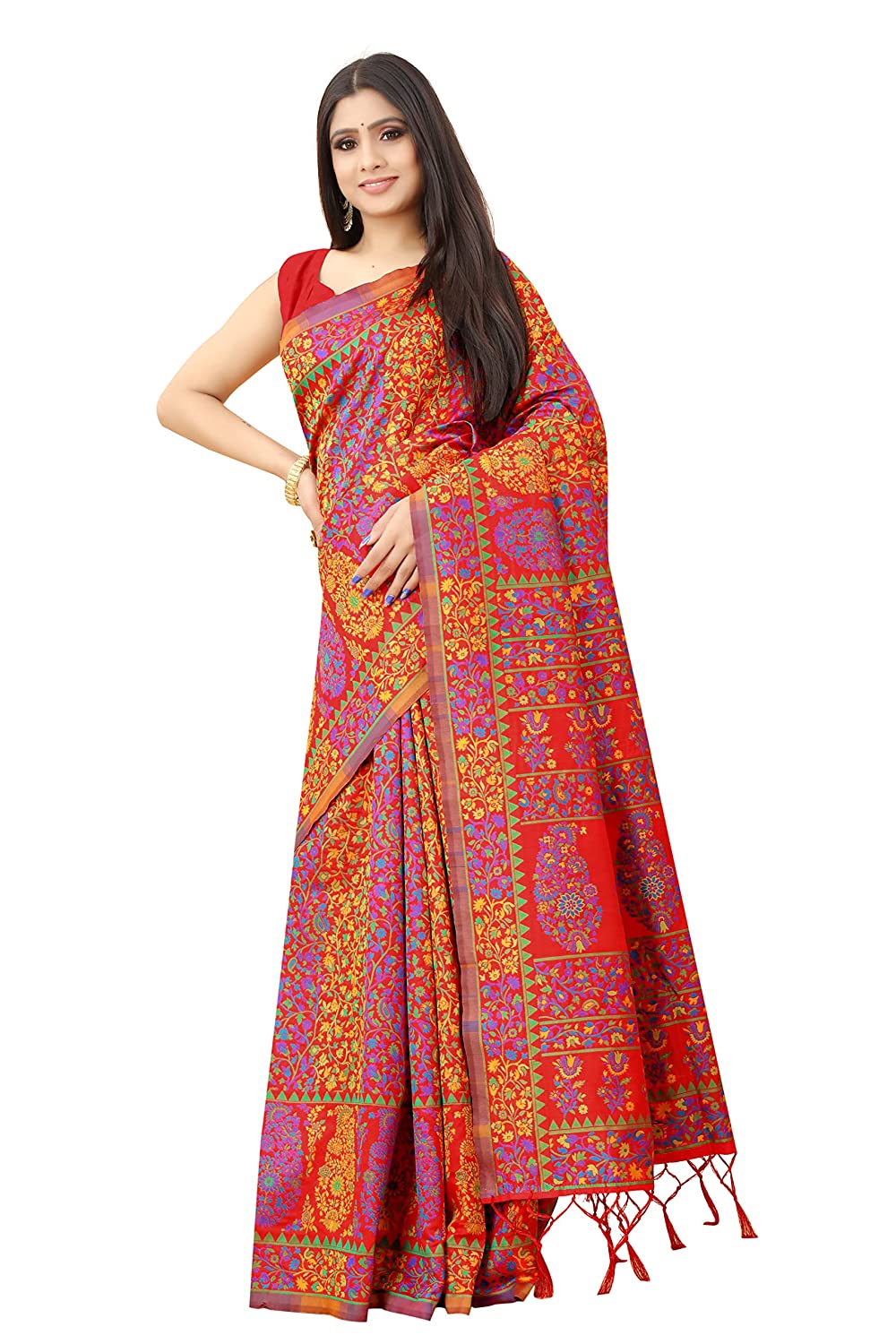 Women's Kalamkari Jacquard Cotton Saree With Blouse Piece