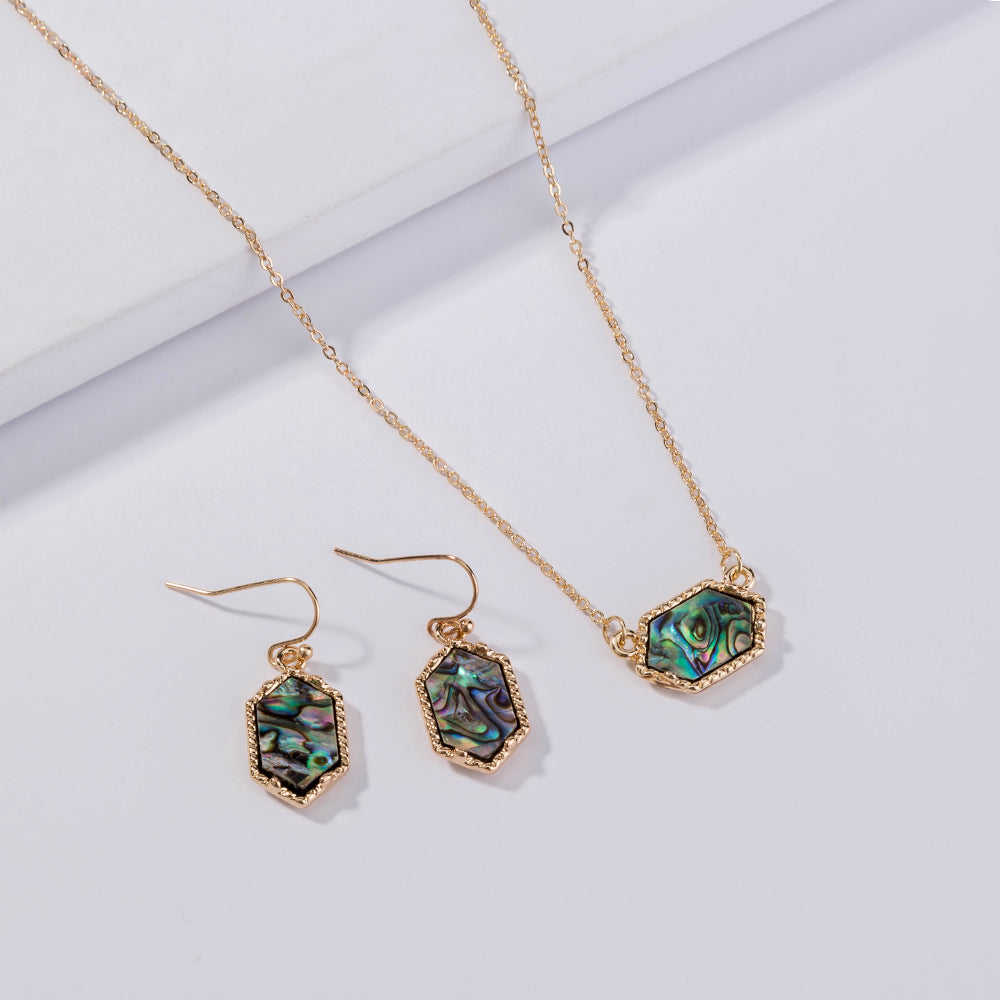 Diamond-shaped natural abalone shell necklace earrings set