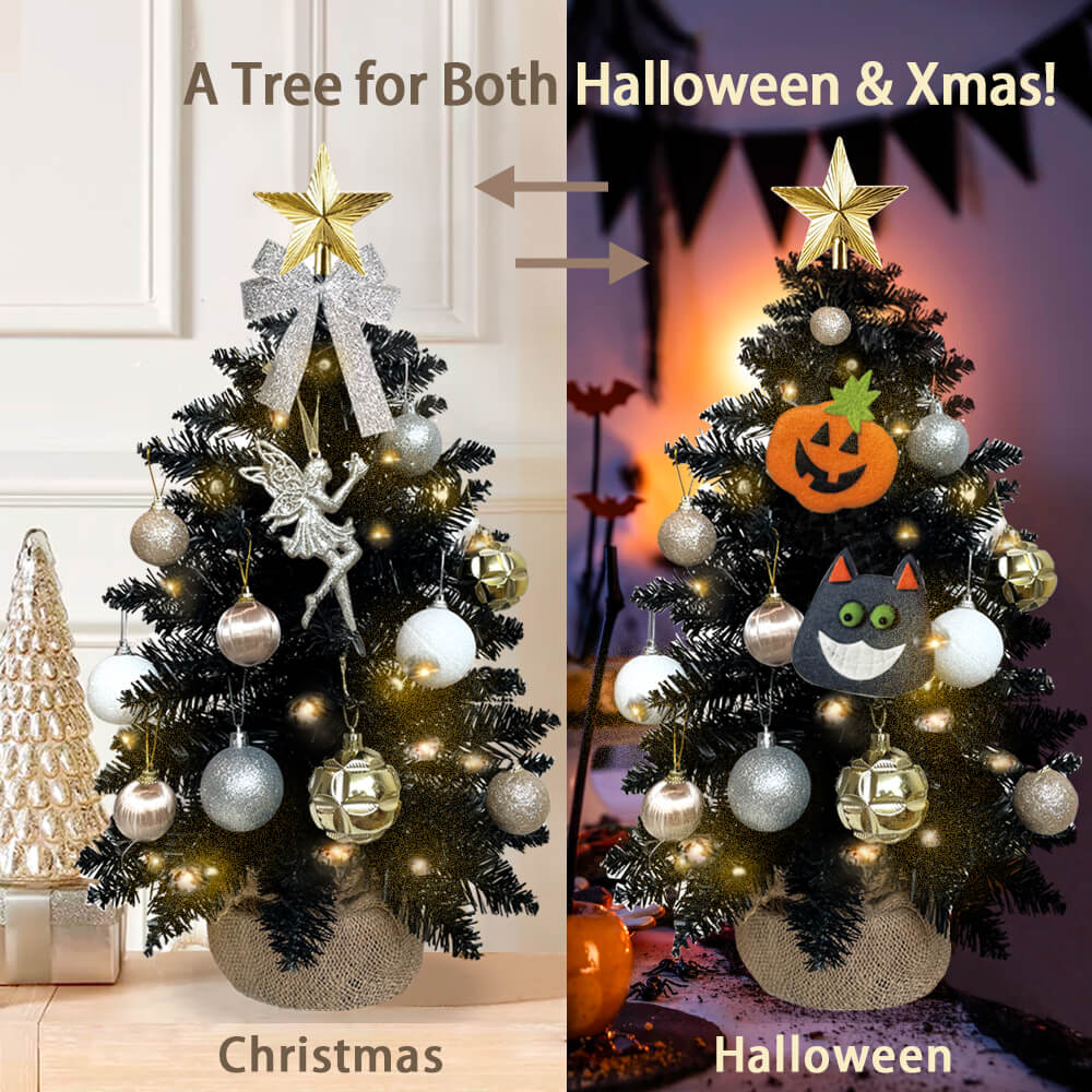 2FT Halloween Decoration Tabletop Christmas Tree With Lights And Ornaments, Multifunctional Artificial Black Mini Halloween Tree With Halloween Decor For Home Office Apartment