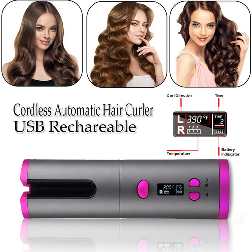 Automatic Hair Curler Curling Iron Wireless Ceramic USB Rechargeable With LED Digital Display