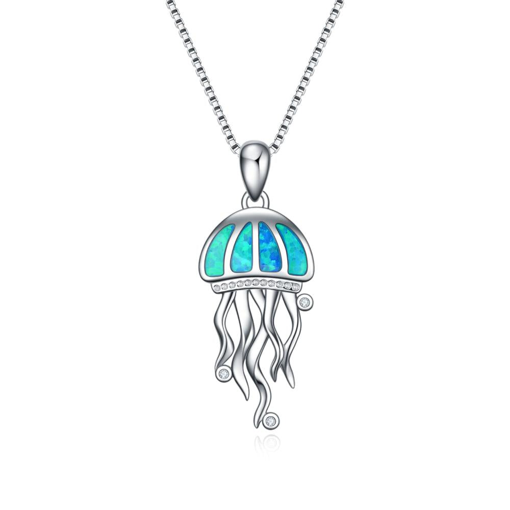 Sterling Silver Jellyfish Blue Fire Opal Ocean Pendant Necklaces