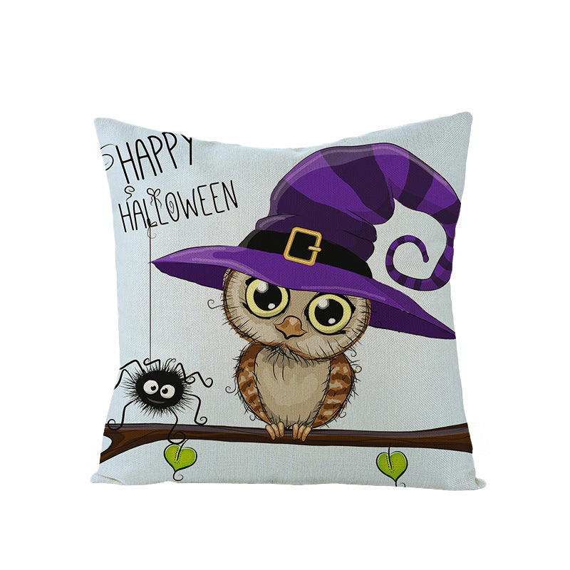 Halloween Linen Cute Cartoon Printed Kitten Pumpkin Head Pillow Cover