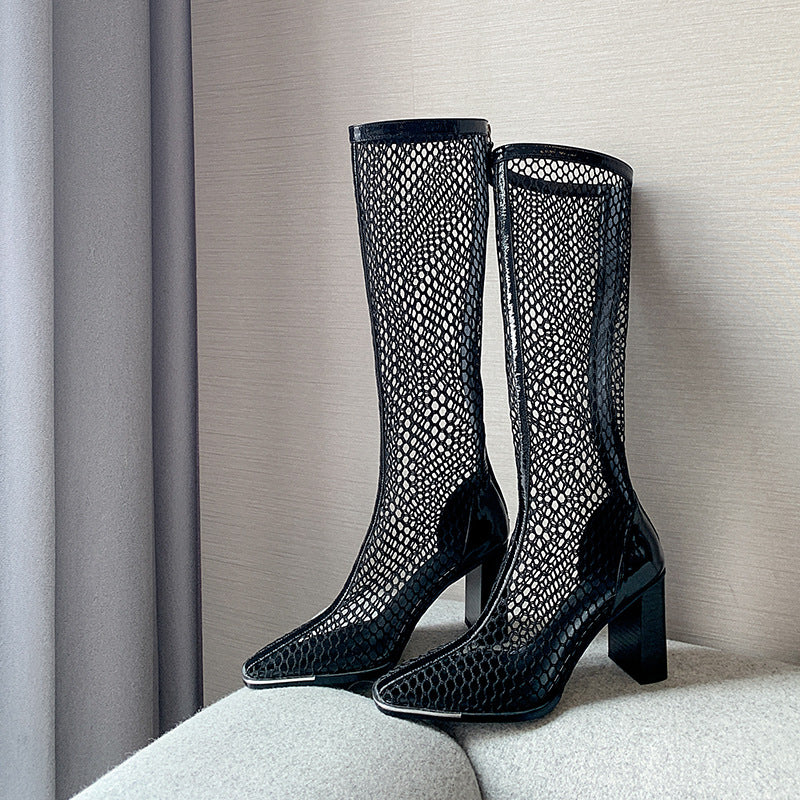 Chunky Heel Boots Mesh Back Zip Black