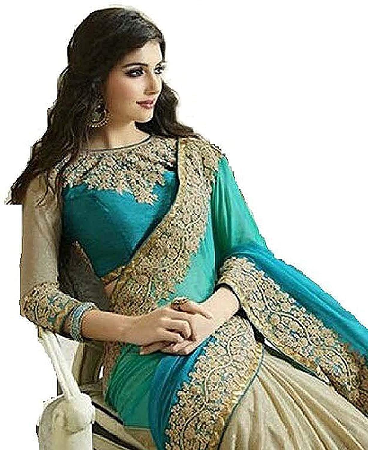 Women Bollywood Style Lycra Saree With Blouse Piece Indian Traditional Saree Wedding Dress Handmade Famous Actress Style Party Wear Free Size  Ethenic Wear Clothes For Women Embroidered