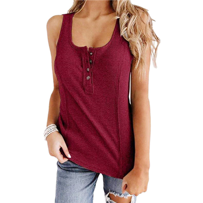 Solid Color Button Sleeveless Tank Top T Shirt Women