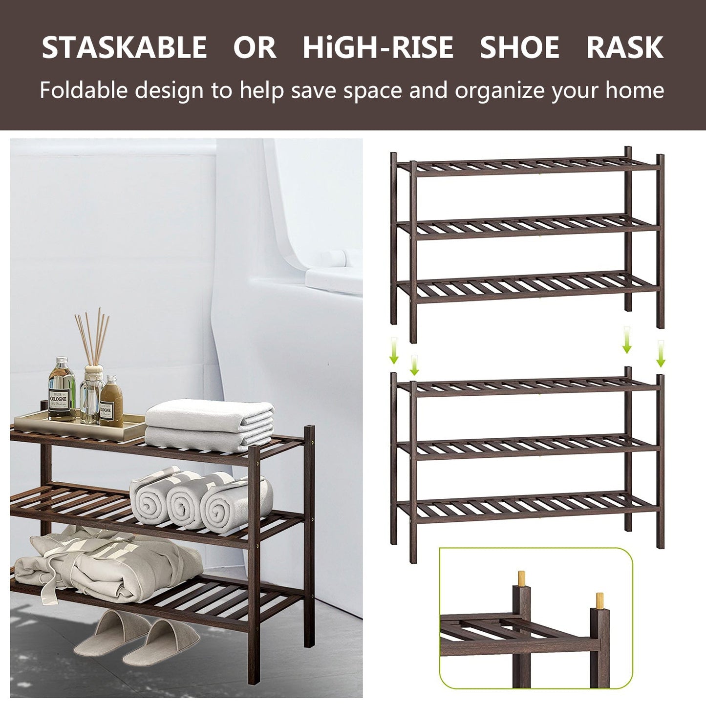 3-Tier Wood Shoe Rack Premium Stackable Shoe Organizer Shelf Storage For Hallway Closet