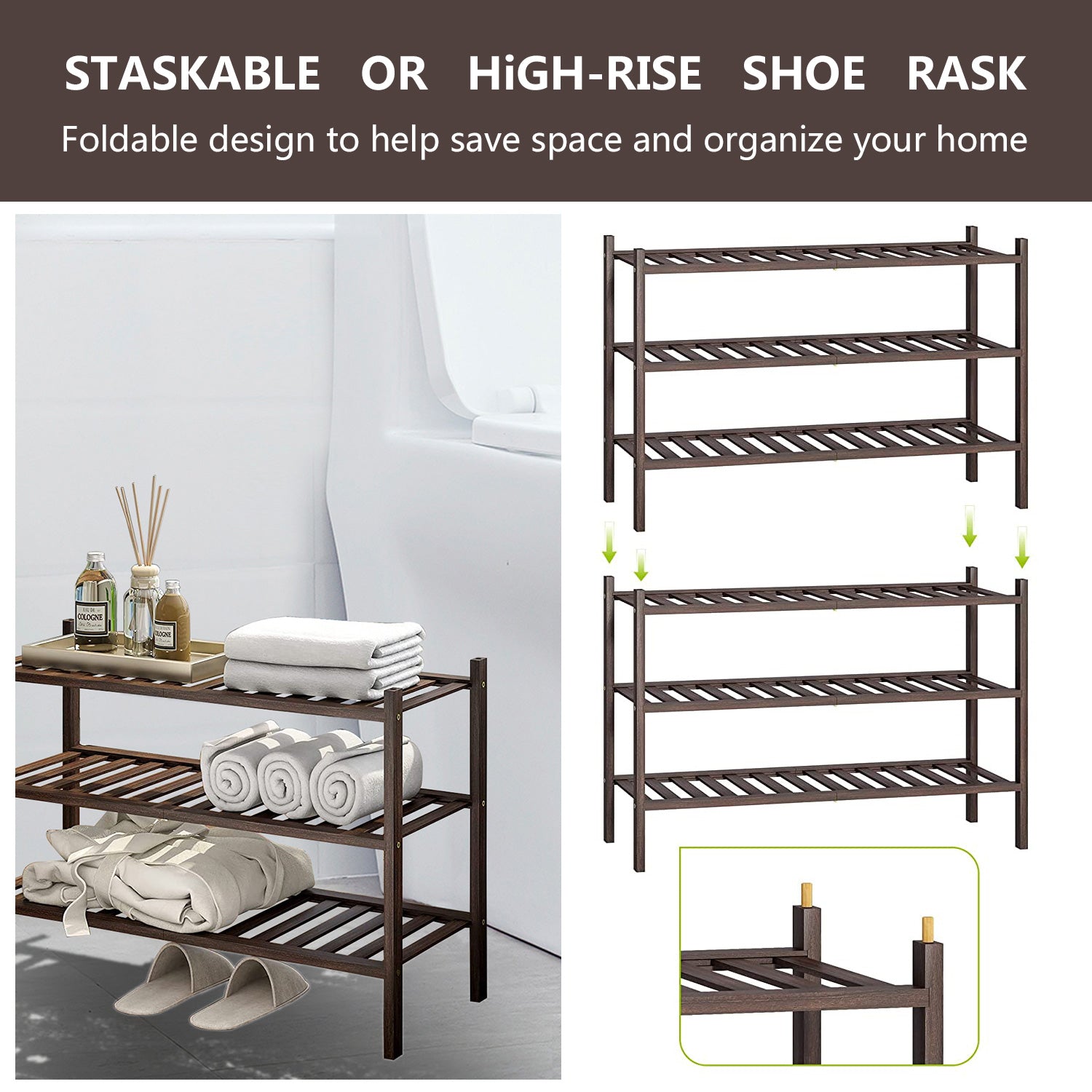 3-Tier Wood Shoe Rack Premium Stackable Shoe Organizer Shelf Storage For Hallway Closet