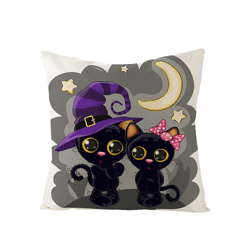 Halloween Linen Cute Cartoon Printed Kitten Pumpkin Head Pillow Cover