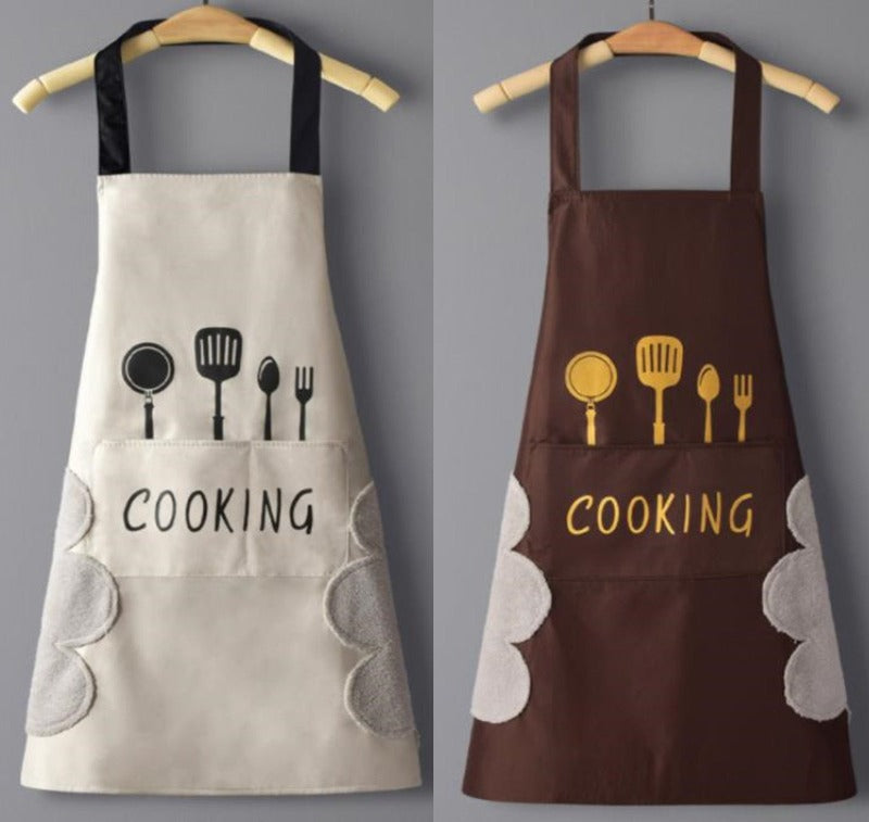 2 Pcs BBQ Cooking Drawing Crafting Aprons With Pockets - Brown And White