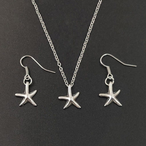 Cute Little Starfish Pendant Necklace Earrings For Women Girls Fashion Silver Sea Star Pentagram Charms Jewelry Set