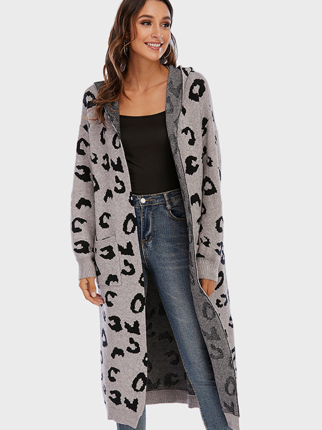 Leopard Hooded Cardigan with Pockets